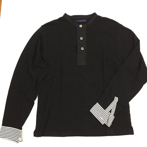 SOPHNET. Japan Striped Cuffs Henley Button Slit Hem Long Sleeve Shirt - Picture 1 of 10